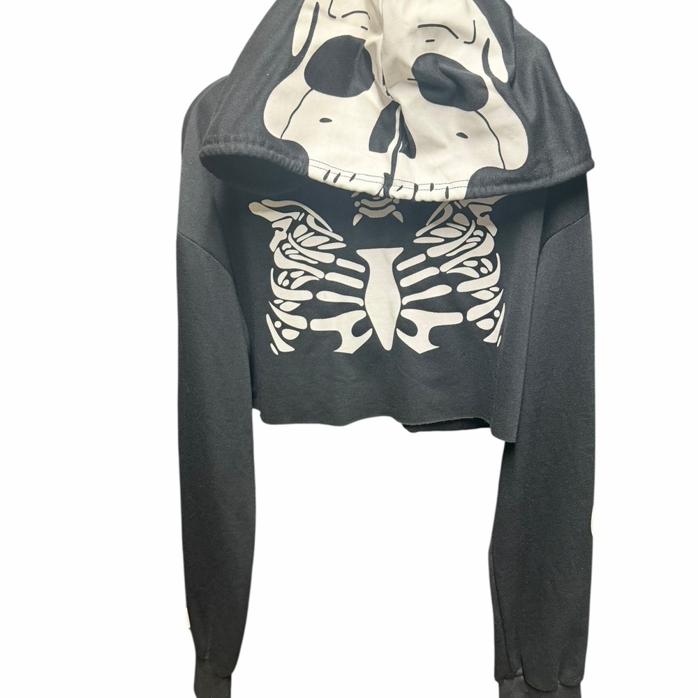 SHEIN Black Cropped Hoodie with White Skeleton Print